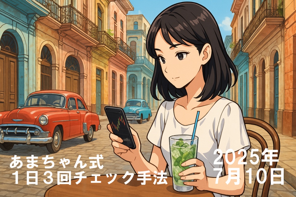 キューバ・ハバナの旧市街を背景に、カフェのテラス席でスマートフォンのチャートをチェックする黒髪の日本人女性トレーダー（あまちゃん）。右手にスマホ、左手にはモヒート。背後にはクラシックカーとパステルカラーの建物が並び、南国の陽光が差し込んでいる。