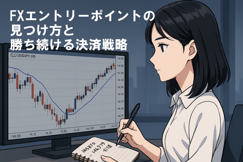 トレーディングルームでモニターのUSD/JPYチャートを真剣に見つめる日本人女性トレーダーあまちゃん。肩までの黒髪ストレートヘアで白シャツ姿の彼女は、右手にペンを持ち、ノートにエントリーと利確価格を書き込んでいる。背景にはローソク足と移動平均線が描かれたチャートが表示されている。