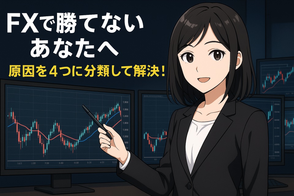 トレーディングルームで複数のモニターにFXチャートが映し出される中、黒髪の日本人女性トレーダー（あまちゃん）がペンを持ってモニターを指し示し、微笑みながら解説している様子。画面には「FXで勝てないあなたへ」「原因を4つに分類して解決！」という日本語のキャッチコピーが表示されている。