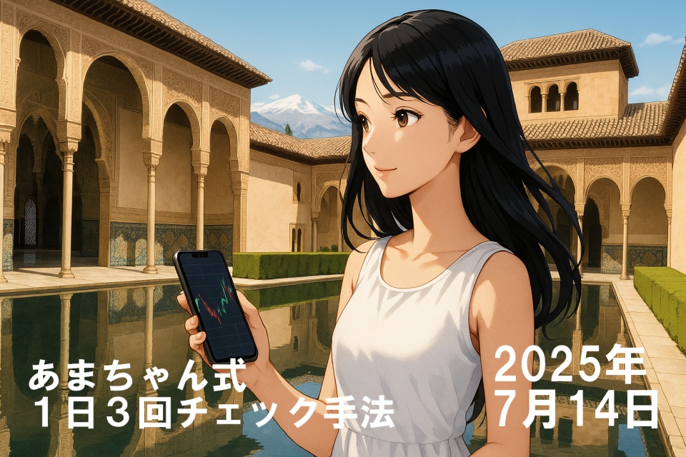 アルハンブラ宮殿の「ミルトの中庭」で、白いノースリーブワンピースを着た日本人女性・あまちゃんが微笑みながらスマートフォンのチャートを確認している。背景にはアラビア風の美しいアーチと、池の水面に映る宮殿の姿が広がり、遠くには雪を頂いたシエラネバダ山脈が見える。