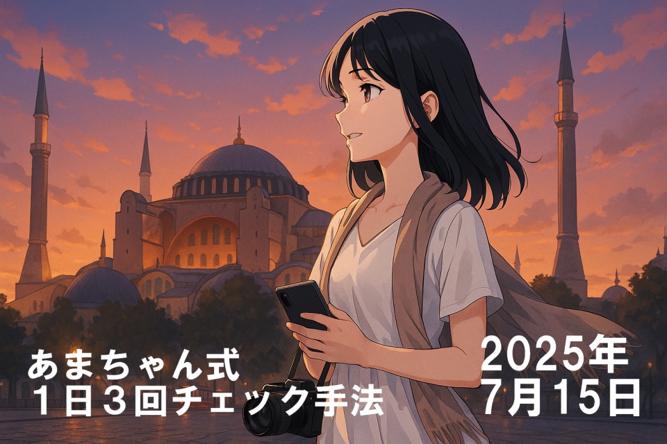 夕暮れ時のイスタンブール、アヤソフィアを背景に佇む旅するトレーダーあまちゃんのアニメ風イラスト。白いワンピースとベージュのストールを羽織り、左手にスマートフォン、右肩にカメラを提げている。肩にかかるツヤのある黒髪が風に揺れ、彼女は微笑みながらアヤソフィアを見上げている。遠景にはトラムや石畳の道、夕焼けに染まる空と街のシルエットが描かれ、旅の情緒が感じられる。