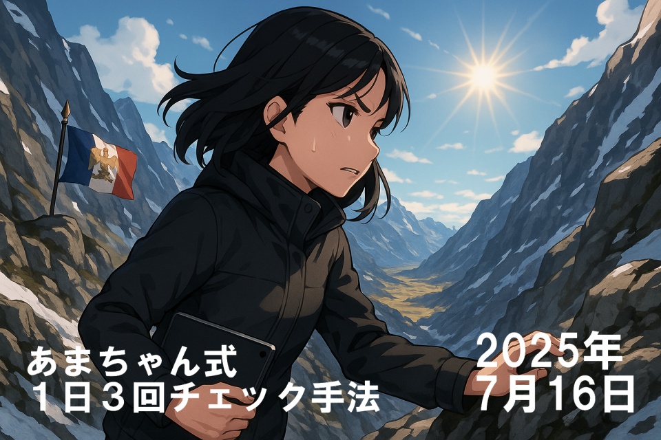 グレート・サン・ベルナール峠を登る旅するトレーダーあまちゃん。黒髪ストレートの日本人女性で、黒の防寒ジャケットを着て険しい表情で山道を進む。右手にタブレットを持ち、左手で岩場を掴んでいる。背景には雪の残る険しい山々と、遠くに広がる光輝く平野、青空には太陽が輝き、ナポレオン軍の旗が岩に立っている。