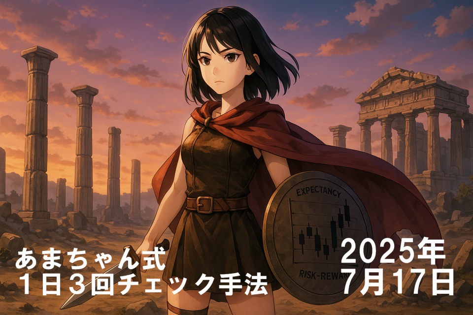 夕暮れの古代スパルタ遺跡を背景に、赤いマントと革の戦士服をまとった「旅するトレーダーあまちゃん」が立つ。右手には鋭い剣、左手には「EXPECTANCY」「RISK-REWARD」とチャートが刻まれた盾を持ち、決意に満ちた表情で前方を見据える。周囲には石柱の廃墟や崩れた遺跡が点在し、戦いの緊張感が漂う。