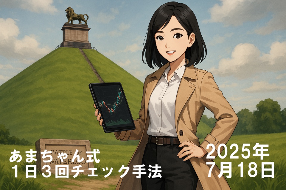 ベルギー・ワーテルローの「ライオンの丘」を背景に、日本人女性トレーダー「あまちゃん」が微笑んで立っている。あまちゃんは肩にかかる黒髪のストレートヘアで、白いシャツにベージュのトレンチコート、黒のパンツ姿。右手にはチャートが表示されたタブレットを持ち、左手は腰に添えている。後方には「BATTLE OF WATERLOO」と刻まれた石碑と、丘の頂上に立つライオン像が見える。空は穏やかな青空に白い雲が浮かぶ。