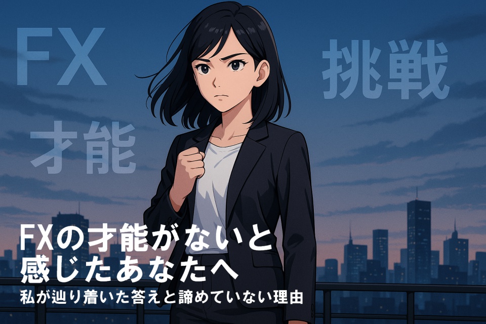 夜明け前の都市の屋上に立つ黒髪の日本人女性トレーダー（あまちゃん）。清潔感のあるストレートヘアで、黒のジャケットと白いシャツを着用し、決意に満ちた表情で前を見据える。背景にはビル群と朝焼けの空、そして「FX」「才能」「挑戦」の文字が浮かぶ。