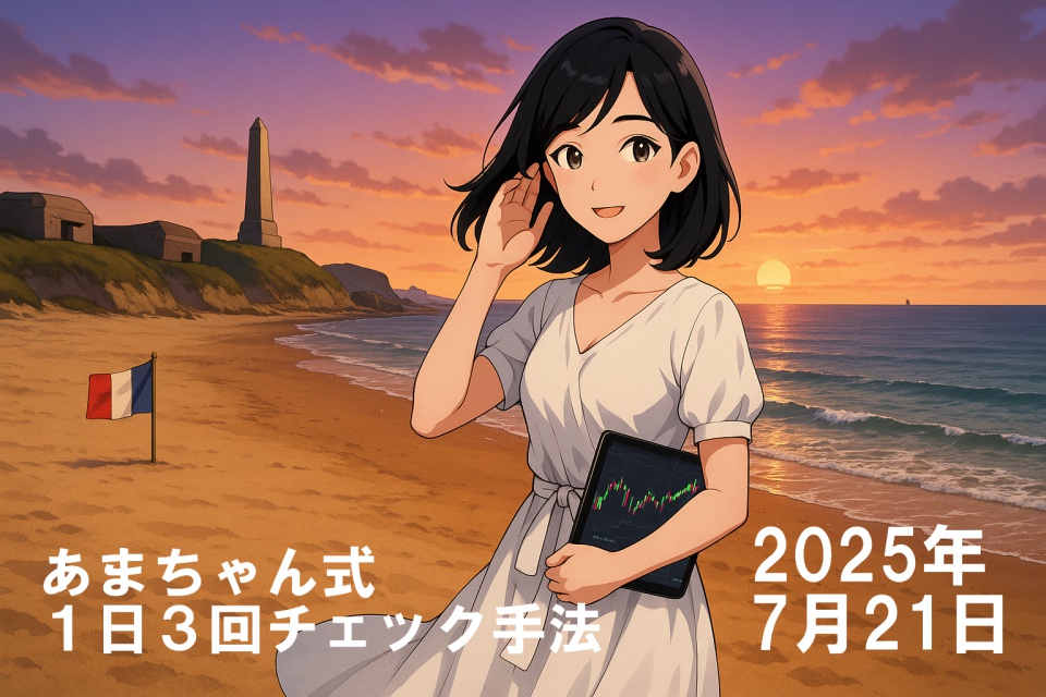 夕焼けのノルマンディー海岸を背景に、世界を旅するトレーダー・あまちゃんが立っている。白いワンピースが海風に揺れ、右手で髪を押さえつつ微笑んでいる。左手にはトレードチャートが映るタブレットを持ち、遠くにフランス国旗や記念碑、バンカー跡が見える情景。