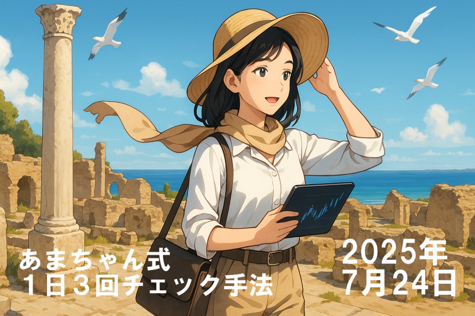 古代カルタゴ遺跡を背景に、肩までの黒髪ストレートヘアの日本人女性（あまちゃん）が立っているアニメ風イラスト。彼女は白いシャツとベージュのパンツ、スカーフとストローハットを身に着け、片手にタブレットを持ってチャートを確認している。海が見える遺跡には石柱や崩れた建造物が点在し、空にはカモメが舞っている。16:9の横長構図で、地中海の青と遺跡のベージュが美しく対比されている。
