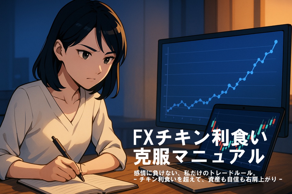 FXチャートと右肩上がりのグラフが映るモニターの前で、真剣な表情を浮かべながらノートに検証結果を記録する黒髪ストレートの日本人女性トレーダー"あまちゃん"。肩にかかる長さの清潔感ある髪型で、右手にペンを持ち、トレード記録をノートに書きこんでいる。背景には朝日が差し込み、感情を抑えてルールに従う覚悟が感じられるアニメ風イラスト。画像は16:9の横長構図。