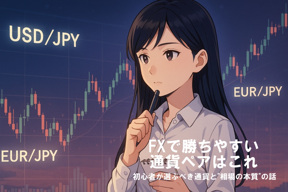 為替チャートを背景に、真剣な表情で通貨ペアを見つめる黒髪の日本人女性トレーダー「あまちゃん」。手にはペンとメモ帳を持ち、USD/JPY・EUR/JPY・GBP/JPYの文字が浮かび上がる中、自分に合う通貨ペアを選ぼうとしている姿を描いたアニメ風イラスト。