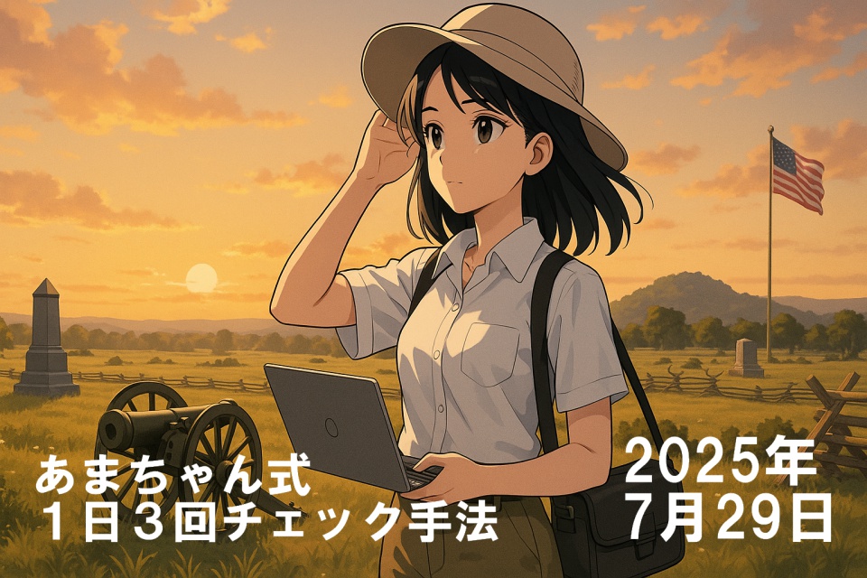 夕暮れのゲティスバーグ戦場跡を背景に、肩までの黒髪ストレートヘアの日本人女性トレーダー「あまちゃん」が立っているアニメ風イラスト。白いシャツとカーキ色のパンツを着用し、右手で帽子を押さえながら左手にはノートパソコンを持っている。背景にはアメリカ国旗、大砲のレプリカ、記念碑、木製の柵、遠くの丘などが配置され、オレンジ色に染まる空が静かな雰囲気を演出している。