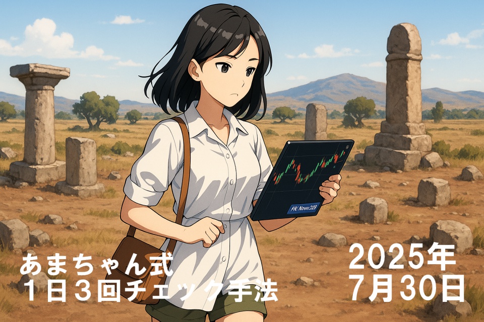 イタリアのカンナエの戦場跡でタブレットを持ちチャートを確認する日本人女性トレーダー“あまちゃん”のアニメ風イラスト。肩までの黒髪が風になびき、白いシャツワンピースとカーキ色のショートパンツ姿。背景には古代の石柱やオリーブの木々、夏の青空が広がる広大な平原が描かれている。