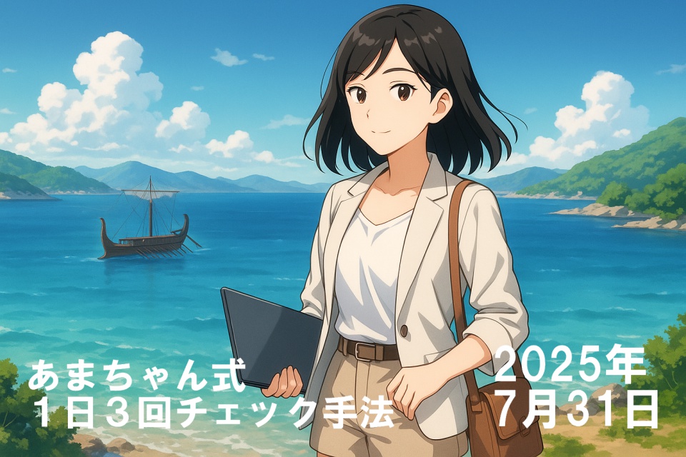 ギリシャ・サラミス島の海岸で、世界を旅するトレーダー「あまちゃん」が立っているアニメ風イラスト。肩までの黒髪ストレートが風に揺れ、白いブラウスとライトジャケットにショートパンツの夏の旅スタイル。右手にノートPCを持ち、背景には青く澄んだエーゲ海と遠くの島々、古代ギリシャの戦艦トリレームのシルエットが浮かぶ。16:9横長構図。
