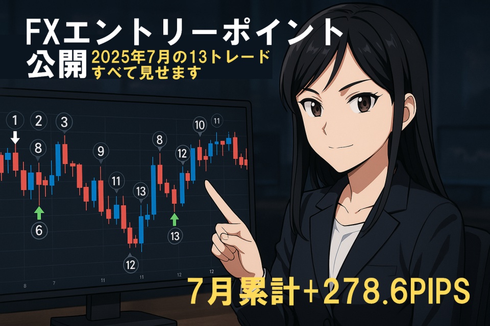 黒髪ストレートの若い日本人女性トレーダー（あまちゃん）が、暗めのトレーディングデスクでチャート画面を見つめながら、エントリーポイントを自信満々に指さしている。チャート画面には13個のエントリーポイントが番号付きで表示されており、ローソク足に矢印が重なっている。背景は金融マーケット風で、画面左上には「FXエントリーポイント公開」という大きな日本語文字が表示されている。