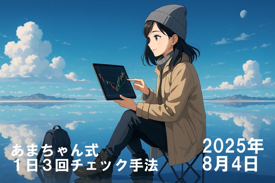 ウユニ塩湖の鏡張りの上に座る世界を旅するトレーダーあまちゃん。青空と雲が水面に映り込む神秘的な風景の中、ベージュのコートとグレーのニット帽を身にまとった彼女が黒髪ストレートを風に揺らしながら、タブレットでチャートを操作している。右手でタブレットを指し、穏やかな表情を浮かべている。背景にはアンデス山脈と淡く浮かぶ月が見える。