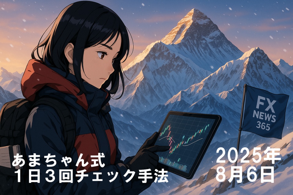 ヒマラヤ山脈を背景に、雪の積もったエベレストの中腹に立つ日本人女性トレーダーあまちゃんが、登山用ジャケットを着て手袋越しにタブレットのチャート画面を見つめている。タブレットにはローソク足チャートと移動平均線が表示されており、隣には「FX NEWS 365」と書かれた青い旗が風にはためいている。