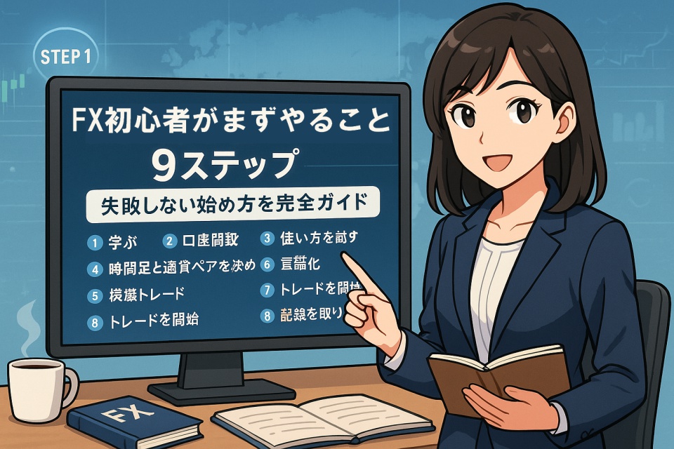 スーツ姿の日本人女性「あまちゃん」が、FX初心者のための9ステップを説明するチャートを指差している。モニターには「FX初心者がまずやること9ステップ｜失敗しない始め方を完全ガイド」と日本語で表示されており、机にはコーヒーカップ、FXの書籍、ノートが並んでいる。背景にはチャートやSTEP1のアイコンが浮かぶ、明るく清潔感のある学習シーン。