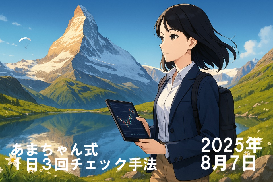 スイスのアルプスにそびえるマッターホルンを背景に、黒髪ストレートの日本人女性トレーダー「あまちゃん」が、静かな湖畔でタブレットに表示されたチャートを見つめている。あまちゃんはネイビーのジャケットに白シャツ、ベージュのパンツを着用し、背中に黒いバックパックを背負っている。朝の柔らかな光が山と湖を照らし、湖にはマッターホルンの姿が映り込んでいる。背景には白いパラグライダーが空を舞い、高原の草花が風に揺れている。