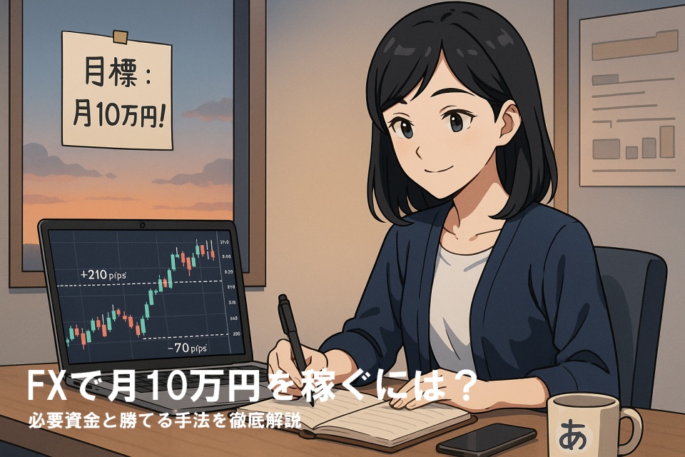 日本人女性トレーダー・あまちゃんが、自宅のデスクでノートにトレード記録をつけている。ノートパソコンの画面にはFXチャートが表示され、「＋210pips」「?70pips」のラインが引かれている。背景の窓には「目標：月10万円！」のメモが貼られ、朝焼けの空が差し込む。デスク上にはスマホと「“あ”と書かれたマグカップ」が置かれている。