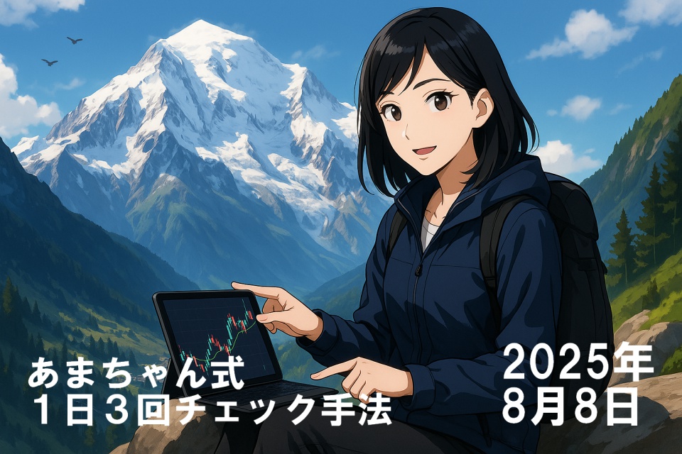 ヨーロッパアルプスの名峰モンブランを背景に、世界を旅するトレーダー「あまちゃん」が岩の上に座り、ノートPCのチャート画面を指差しながら微笑んでいる。清潔感ある黒髪ストレートとネイビーのジャケット姿が印象的で、山々の絶景と知的な雰囲気が調和したアニメイラスト。