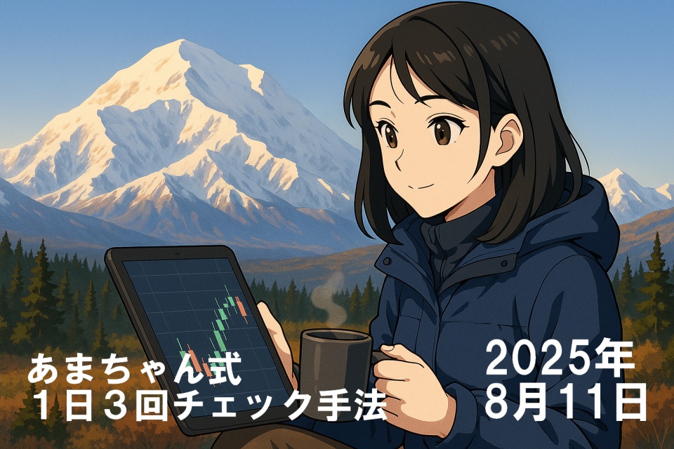 アラスカ・デナリ山を背景に、青い防寒ジャケットを着た世界を旅するトレーダーあまちゃんが屋外に座り、右手にタブレットを持ちローソク足チャートを確認している。左手には湯気の立つ黒いマグカップを持ち、雪化粧した山と秋色の森が広がる澄んだ青空の下、穏やかな表情を浮かべているアニメイラスト。