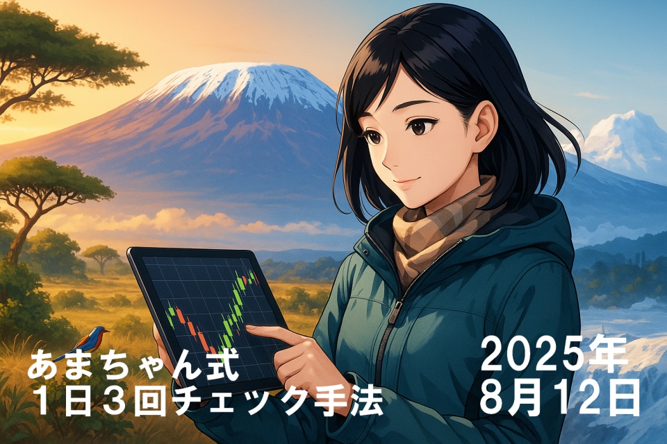 キリマンジャロを背景に、左側は金色に輝く熱帯サバンナ、右側は白銀の氷河が広がる山頂という二面性の風景。中央には世界を旅するトレーダー「あまちゃん」が立ち、右手でタブレットを持ち左手でチャートを操作している。肩までの黒髪ストレートが風になびき、登山ジャケットとスカーフ姿で落ち着いた表情を浮かべている。画面全体に暖色と寒色の光が交差し、相場の二面性を象徴している。