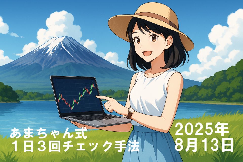 夏の富士山を背景に、湖畔の草地でノートPCのチャートを指差す世界を旅するトレーダーあまちゃん。白のノースリーブブラウスと淡いブルーのスカート、つば広ハットを着用し、爽やかな笑顔で立っているアニメイラスト（16:9横長）