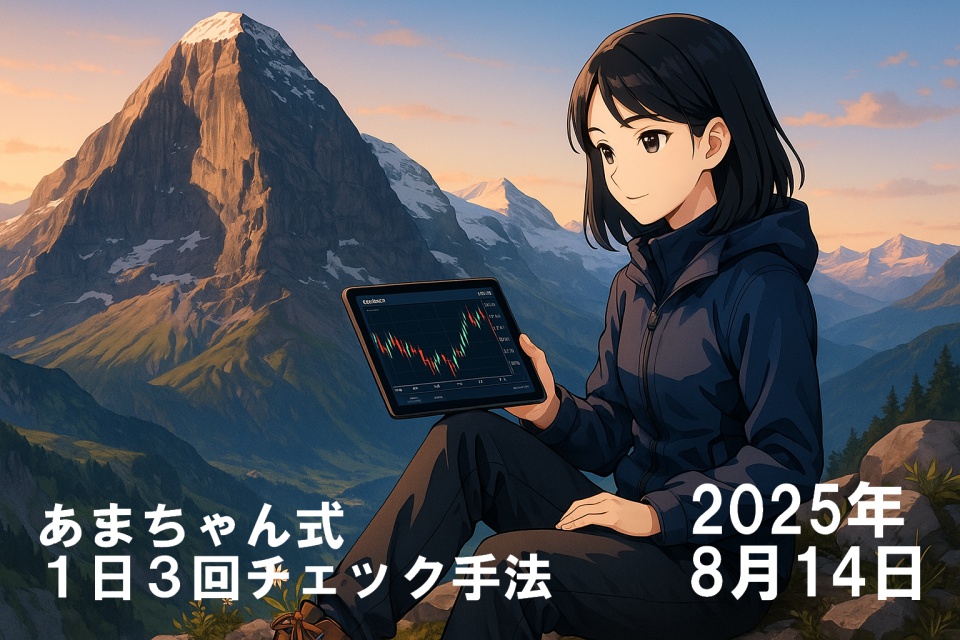 スイスのアイガー北壁を背景に、岩場に腰掛けてタブレットで為替チャートを確認するあまちゃん。肩までの黒髪ストレートヘアが朝日を浴びて輝き、防風ジャケットと登山靴を身に着け、落ち着いた表情で取引のタイミングを見極めている。