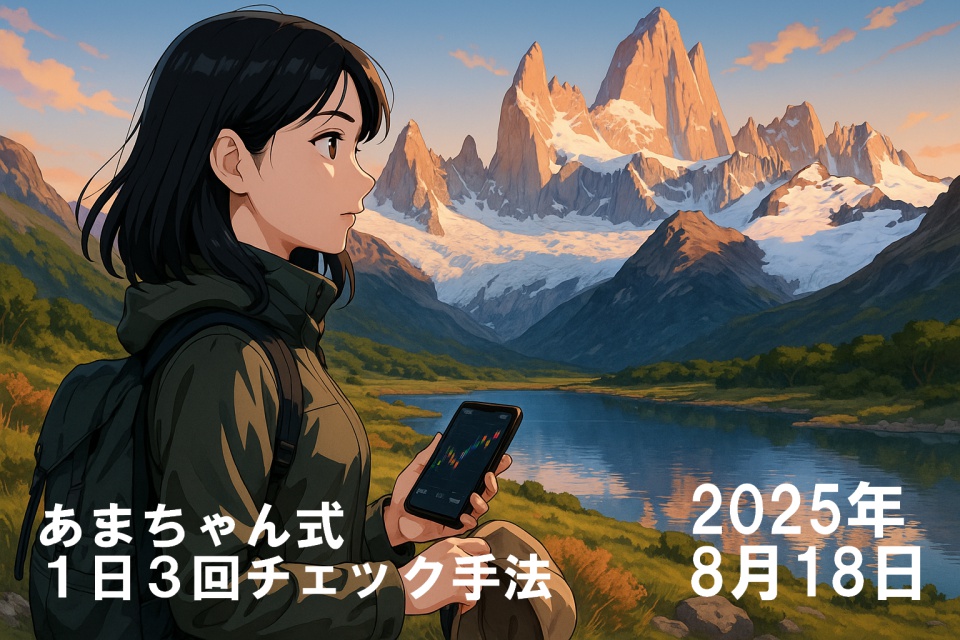 フィッツロイ山を背景に、朝焼けの光に包まれたパタゴニアの大自然の中で立つ世界を旅するトレーダーあまちゃん。肩にかかる黒髪ストレートの彼女は、緑の登山ジャケットとバックパックを身にまとい、左手にはチャートアプリを表示したスマートフォンを持ち、右手でベージュのハットを軽く握っている。鏡のように山を映す湖と雪を頂いた岩峰が壮大に広がる。彼女の横顔は凛としており、遠くの山々を静かに見つめている。アニメ調の16:9横長構図。