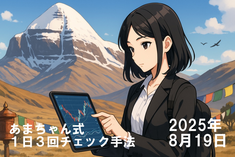 チベットの聖山カイラスを背景に、肩までの黒髪ストレートヘアの日本人女性トレーダー・あまちゃんが、タブレットのチャート画面を左手で操作している。黒ジャケットに白シャツを着用し、背中にはバックパック。背景にはタルチョ（チベットの祈祷旗）が風になびき、神聖な静寂が漂う高原の風景が広がる。