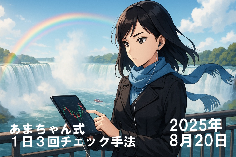 ナイアガラの滝を背景に、展望デッキでタブレットを操作するあまちゃん。彼女は黒髪のストレートヘアで、黒のトレンチコートと青いスカーフを身につけ、右手でチャート画面をタップしている。耳にはイヤホンをつけ、表情は真剣そのもの。滝の水しぶきと虹が空に広がり、観光船が水面に浮かぶ、壮大で静かな朝の風景。