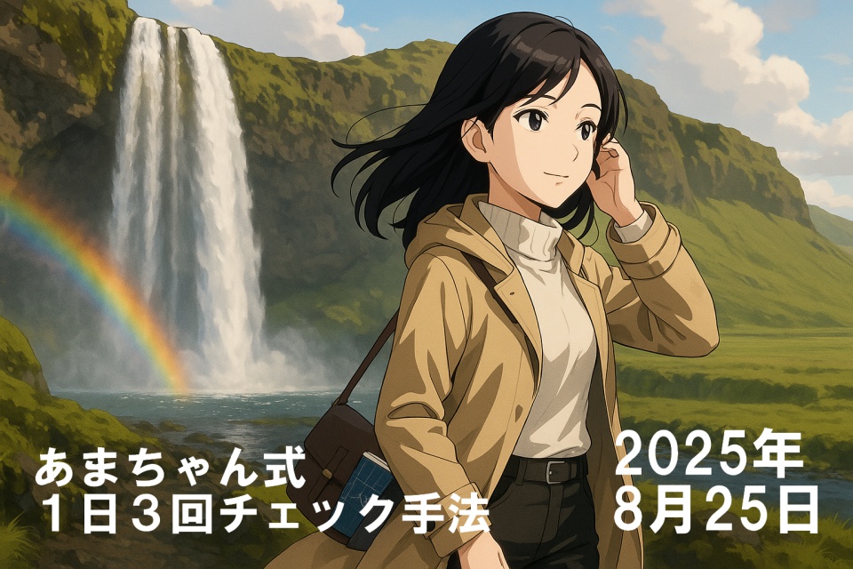 アイスランドのセリャラントスフォスの滝を背景に、世界を旅するトレーダーあまちゃんが立つアニメ風イラスト。肩にかかる黒髪のストレートヘアで、ベージュのトレンチコートと白いタートルネックを着用。右手で髪を押さえながら、風と自然を感じて微笑んでいる。背後には迫力ある滝と水しぶき、虹がかかり、広がる緑の平原と山々が神秘的な雰囲気を醸し出している。16:9の横長構図。