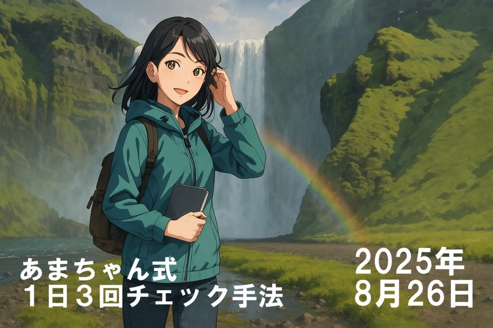 アイスランド・スコーガフォスの滝の前に立つ、世界を旅するトレーダーあまちゃん。肩までの黒髪ストレートで、青緑のジャケットとリュックを身に着け、右手で髪を押さえながら左手に旅ノートを持っている。背景には轟音を立てて落ちる滝と、霧にかかる虹、そして苔むした緑の崖が広がっている。爽やかな旅情と自然の雄大さを感じさせる風景。