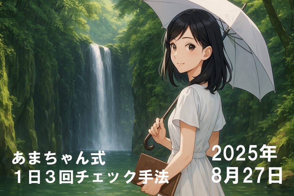 真名井の滝を背景に立つ、白いワンピース姿のあまちゃん。肩までの黒髪ストレートヘアが艶やかに光り、右手に日傘、左手に旅のノートを持ち、優しく振り返るように微笑む。緑に囲まれた高千穂峡の幻想的な自然と滝の音が響く静寂の中、彼女の佇まいが気品と知性を感じさせるアニメ風イラスト。