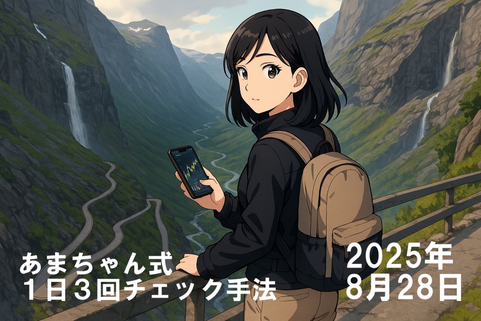 アニメ風に描かれた日本人女性トレーダーあまちゃんが、ノルウェーの絶景「トロルスティーゲン」の山道を背景に、スマートフォンでチャートを確認している様子。肩までの黒髪ストレートで清潔感のある装い。ベージュのリュックを背負い、深い谷と九十九折の道路、滝が流れる山岳風景に包まれている。