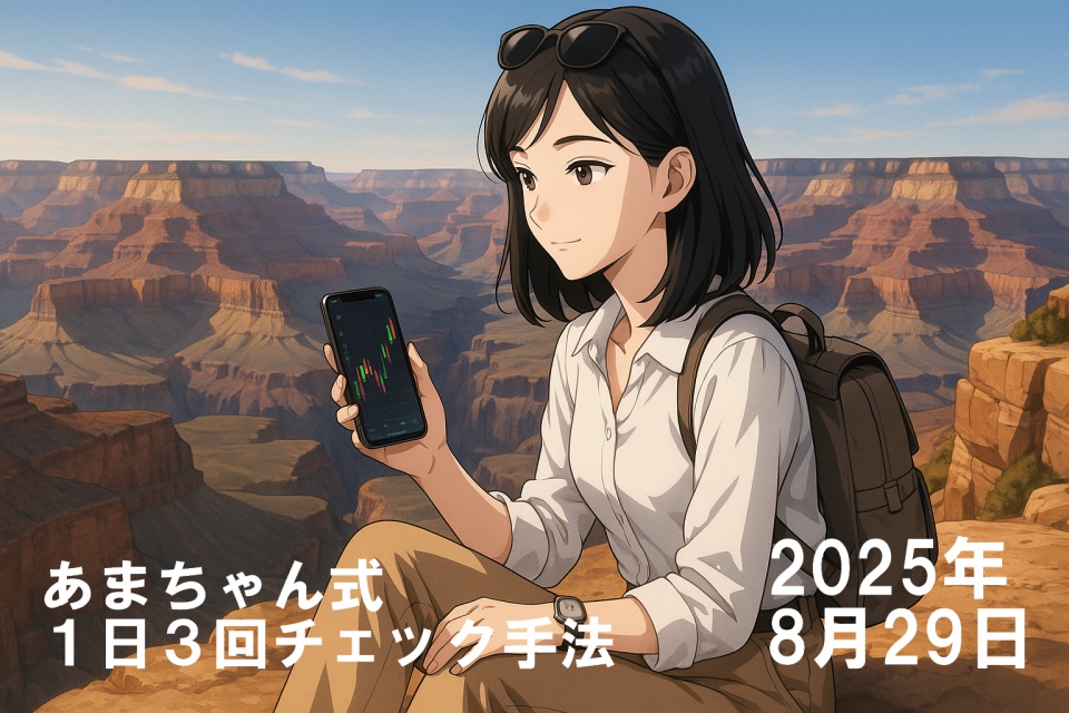 グランドキャニオンの岩場に腰を下ろし、スマートフォンで為替チャートをチェックする日本人女性トレーダー・あまちゃん。白いブラウスにベージュのパンツ、肩にはグレージュのリュックを背負い、サングラスを頭に乗せている。背景には雄大なグランドキャニオンの赤茶けた断崖が広がり、青空がどこまでも続く。静寂と自由を感じさせる旅先でのワンシーン。