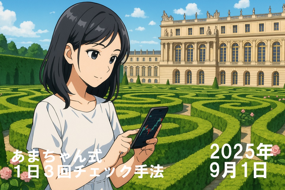 ヴェルサイユ宮殿の美しい迷路庭園を背景に、白いワンピースを着た若い日本人女性トレーダー（あまちゃん）がスマートフォンでドル円チャートを確認している様子を描いた16:9のアニメ風イラスト。肩にかかるツヤのある黒髪ストレートが風になびき、庭園の緑と宮殿のクラシカルな建築が調和している。