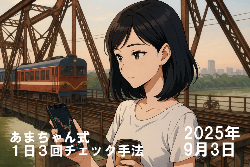 ロンビエン橋の上でスマートフォンのチャートを見つめるあまちゃんのアニメ風イラスト。肩までの艶やかな黒髪のストレートヘア、白いTシャツ姿で右手にスマホ、左手にベトナムコーヒーを持ち、真剣な表情で相場をチェックしている。背景には錆びた鉄骨の橋と通過する列車、そして遠くにハノイの市街地が見える。早朝の柔らかな光が全体を温かく包み込む。