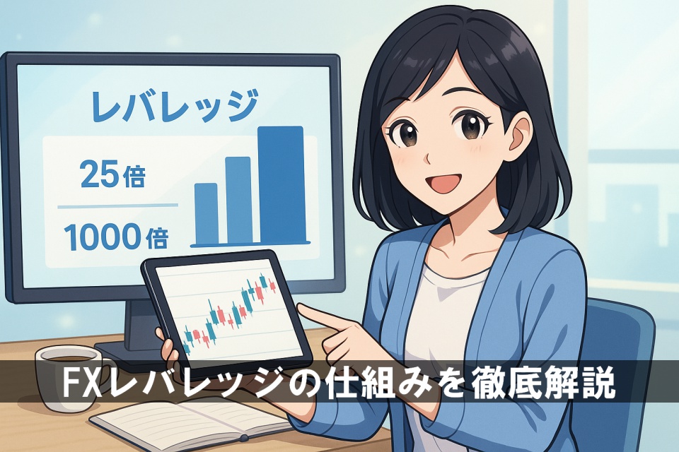 アニメ風イラスト。28歳の日本人女性あまちゃんが、肩までの黒髪ストレートで微笑みながらデスクに座り、タブレットに表示されたFXレバレッジの仕組みを示すチャートを確認している。初心者でもわかりやすく学べる雰囲気で、安心感と親しみやすさがある横長16:9のカバー画像。