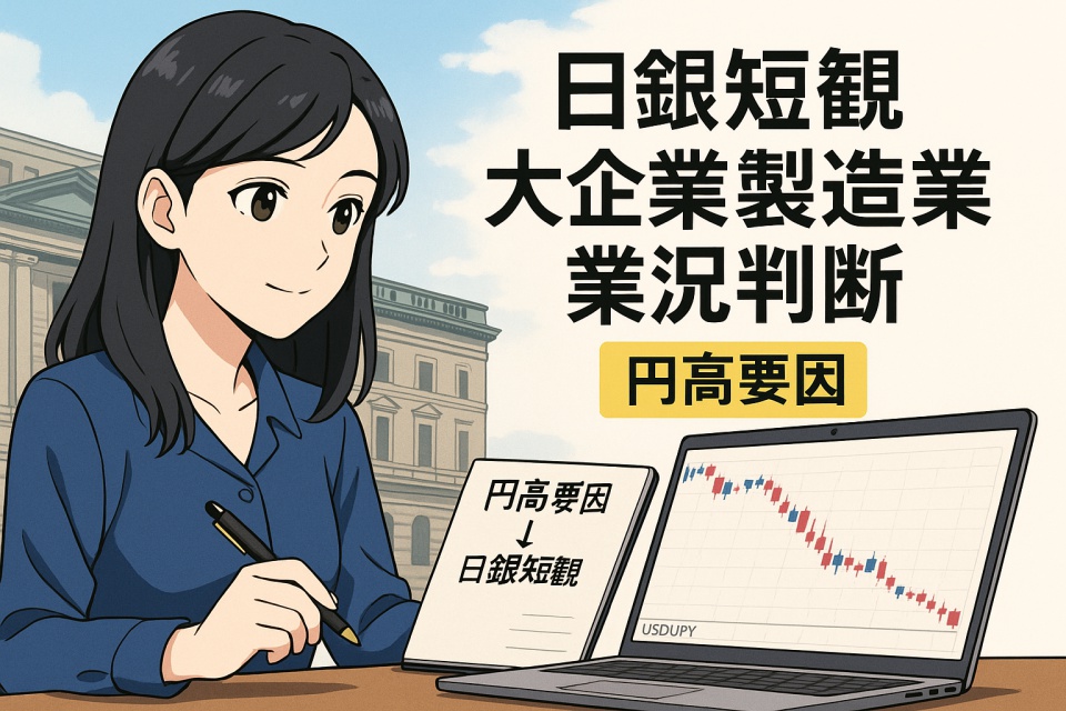 日銀短観 大企業製造業業況判断を解説するアニメイラスト。黒髪ストレートの日本人女性トレーダー"あまちゃん"が、日本銀行を背景にノートPCのドル円チャート（陰線が連続）を見ながら『円高要因→日銀短観』とノートに書き込んでいる。FX相場と景況感の関係を示す解説イメージ。