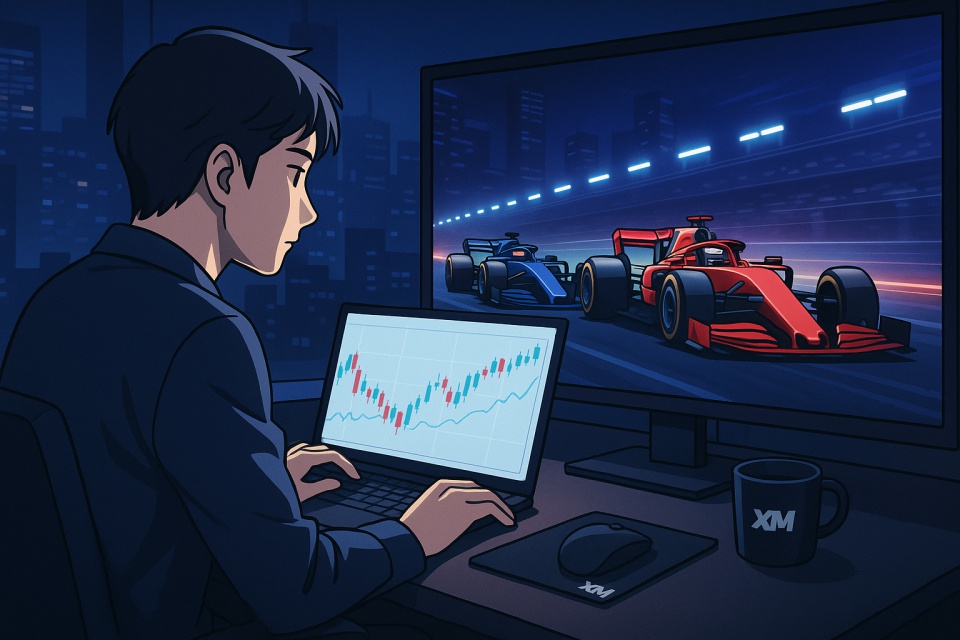 夜の都市を背景に、若い男性トレーダーがノートパソコンでチャートを見ながら、モニターに映るF1レースを観戦しているアニメイラスト。赤と青のF1マシンが疾走し、デスクにはXMロゴのカップとマウスパッドが置かれている。